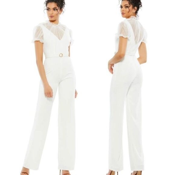 Mac Duggal NWT BELTED ILLUSION HIGH NECK CAP SLEEVE JUMPSUIT White Size 12 26621 - Picture 1 of 7